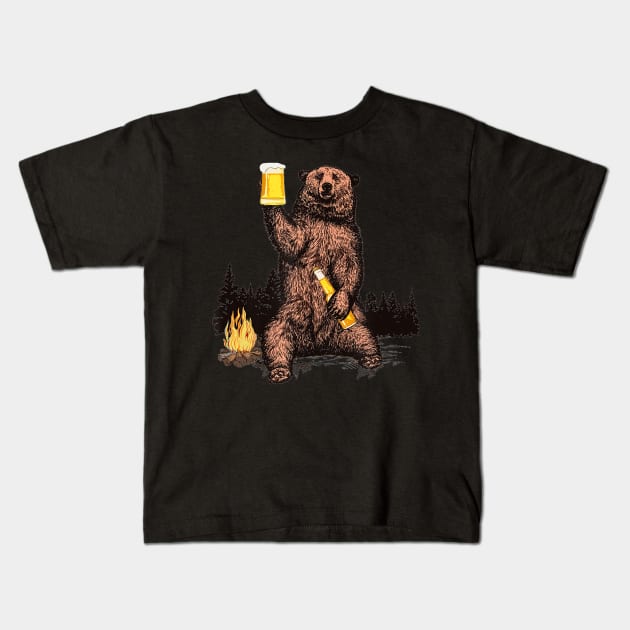 Bear Drinking Beer Camp Fire Woods Outdoor Funny Grizzly Kids T-Shirt by easleyzzi